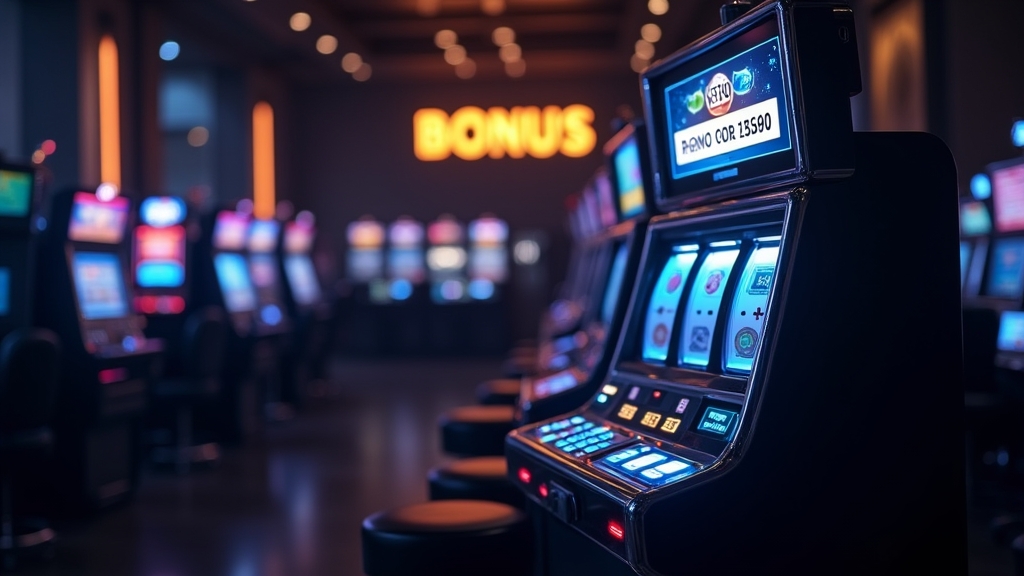 Casino oscuro con un bono digital brillante y un móvil mostrando un código promocional