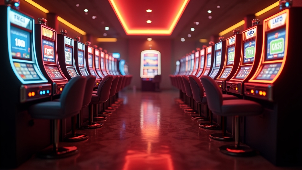 Tragamonedas resaltadas con un temporizador de bono en un casino oscuro